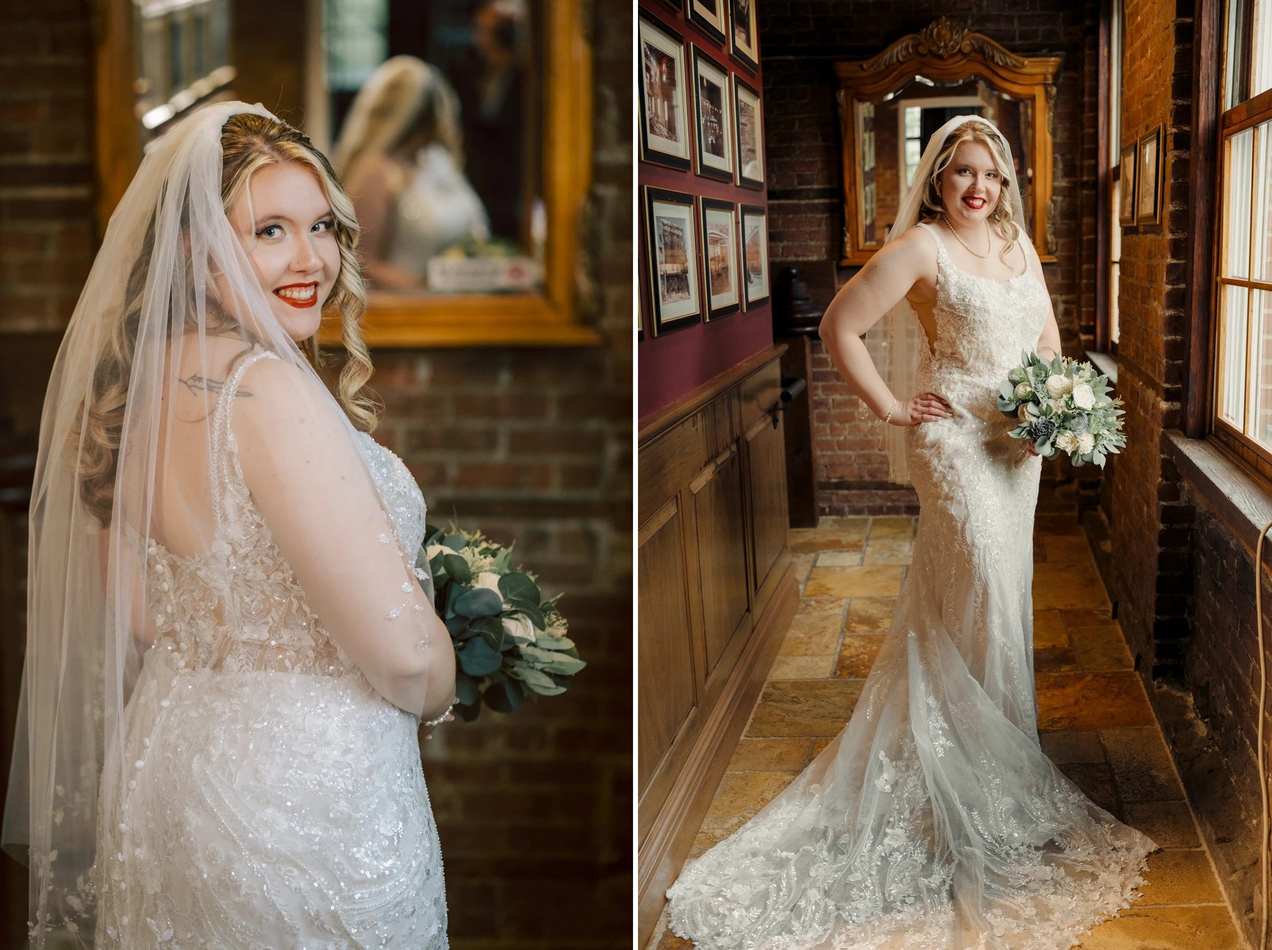 Bride posing over her shoulder in her wedding dress and veil, holding a bouquet. — Wedding at Dramatic Hall, peekskil, ny