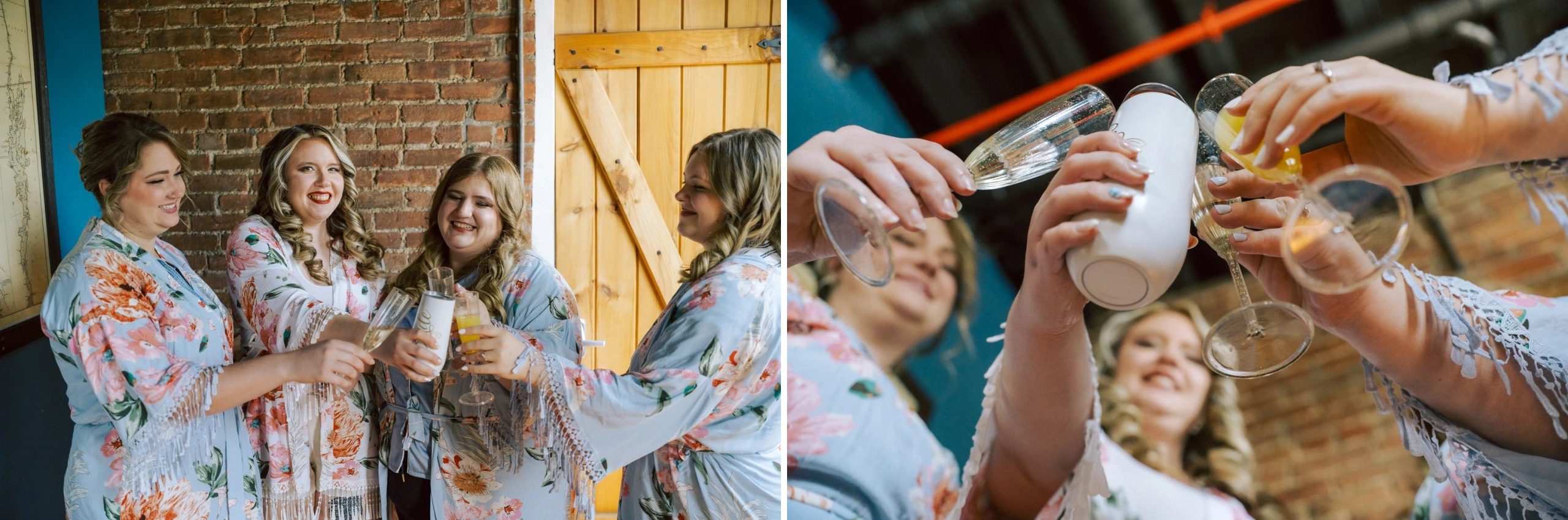 Four women in matching robes toasting together with drinks in an indoor space. — Wedding at Dramatic Hall, peekskil, ny