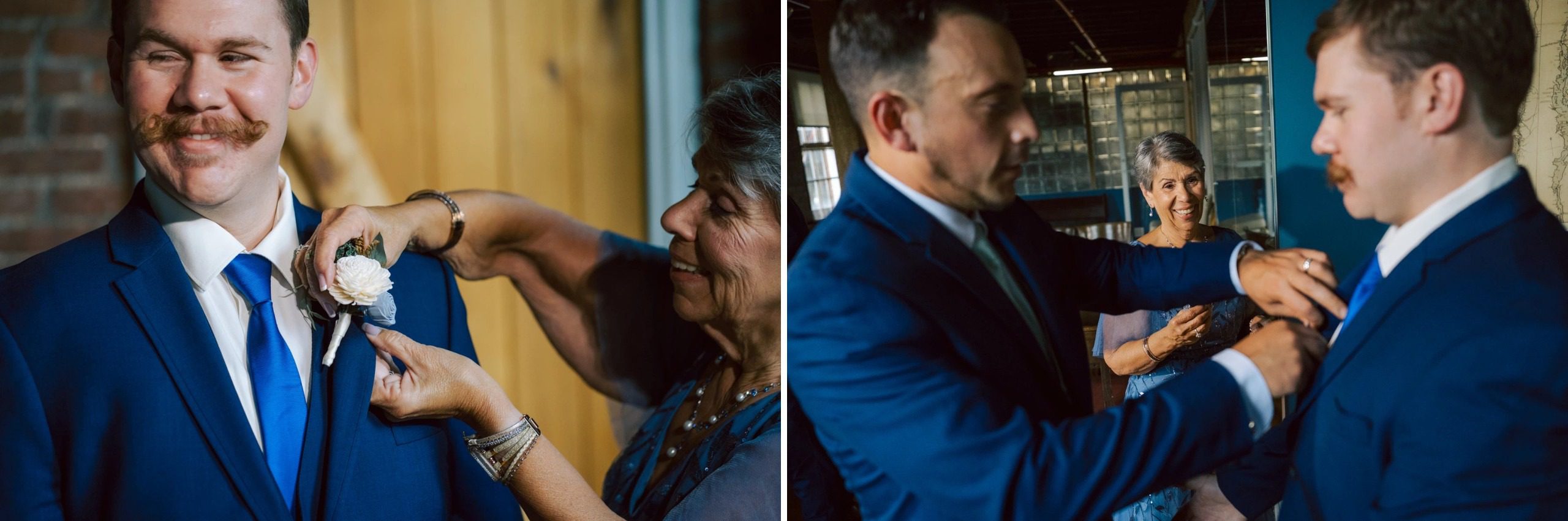 Groom's mother pins a boutonniere onto his lapel while he smiles. — Wedding at Dramatic Hall, peekskil, ny
